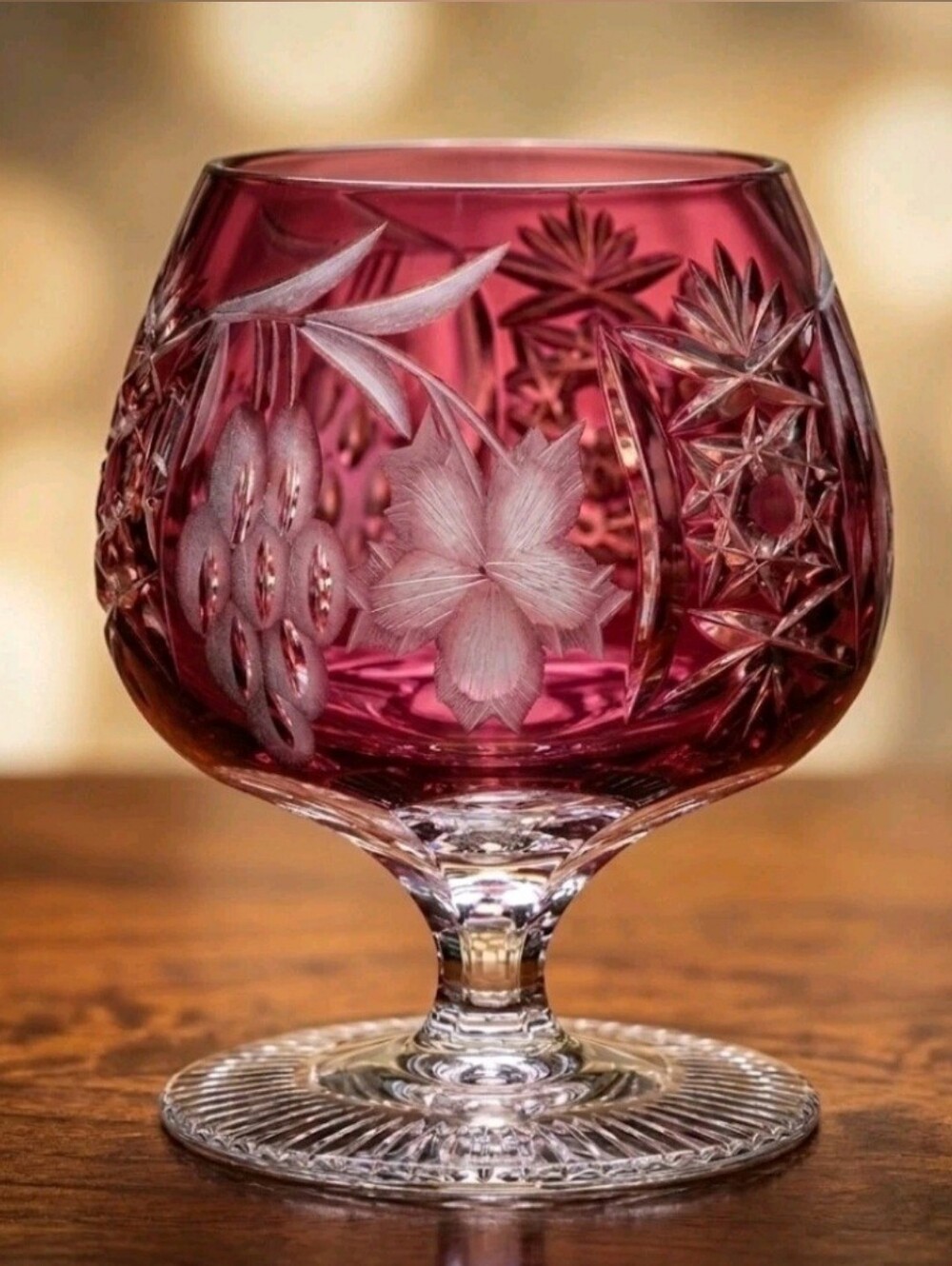 AJKA MARSALA Ruby Cut to Clear Crystal Brandy Glass Cut Stem  Hungary